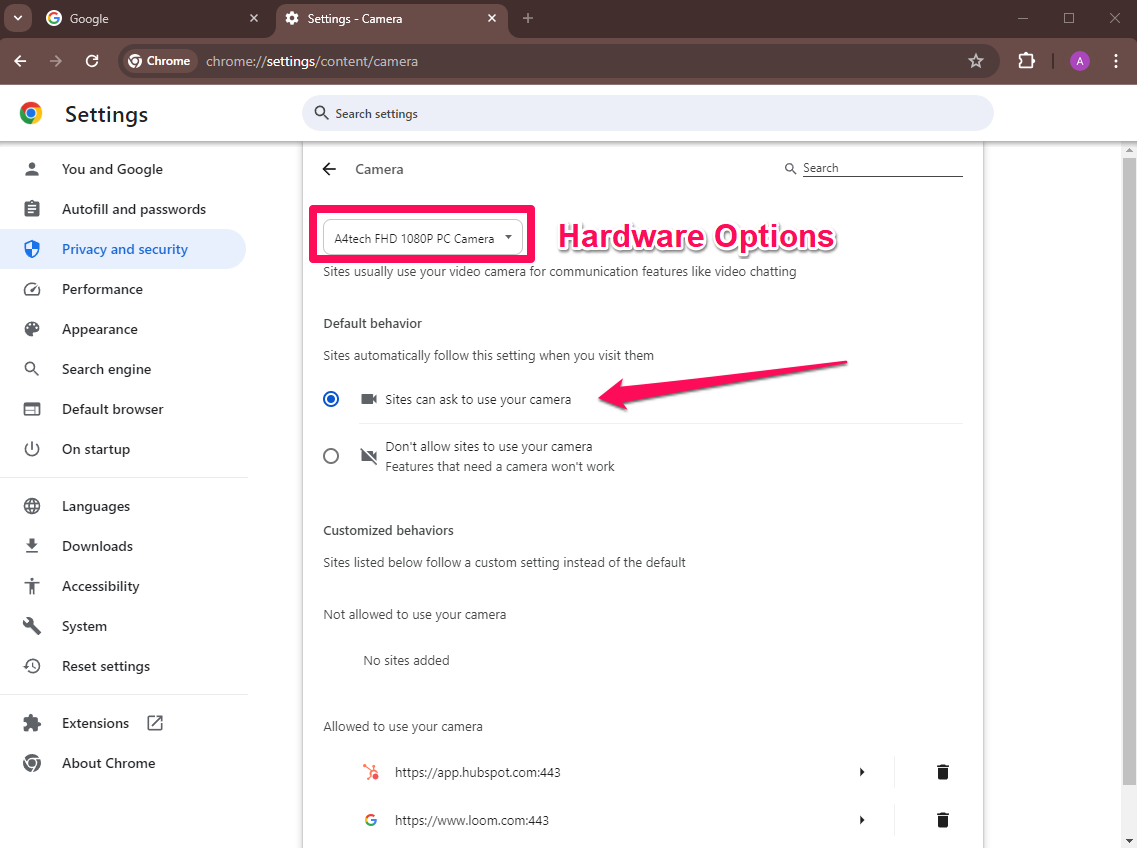 Google chrome camera and microphone settings