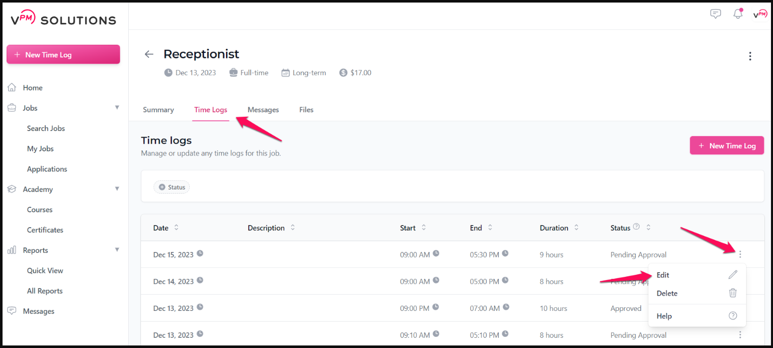 Delete Time Log Options