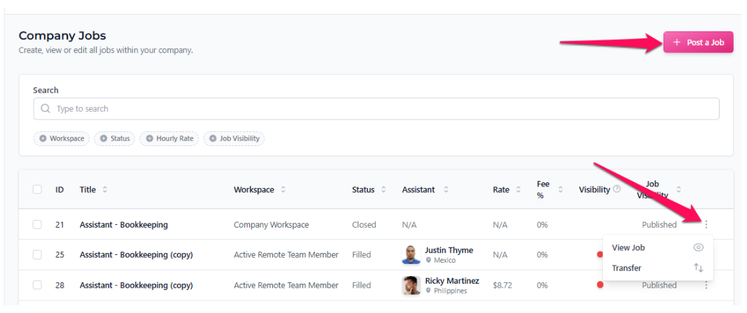 Action buttons and the ellipsis menu on a job row