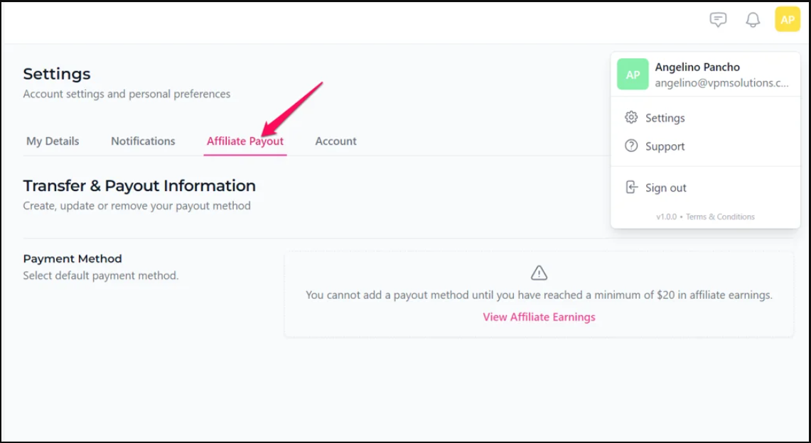 Affiliate Payout Tab