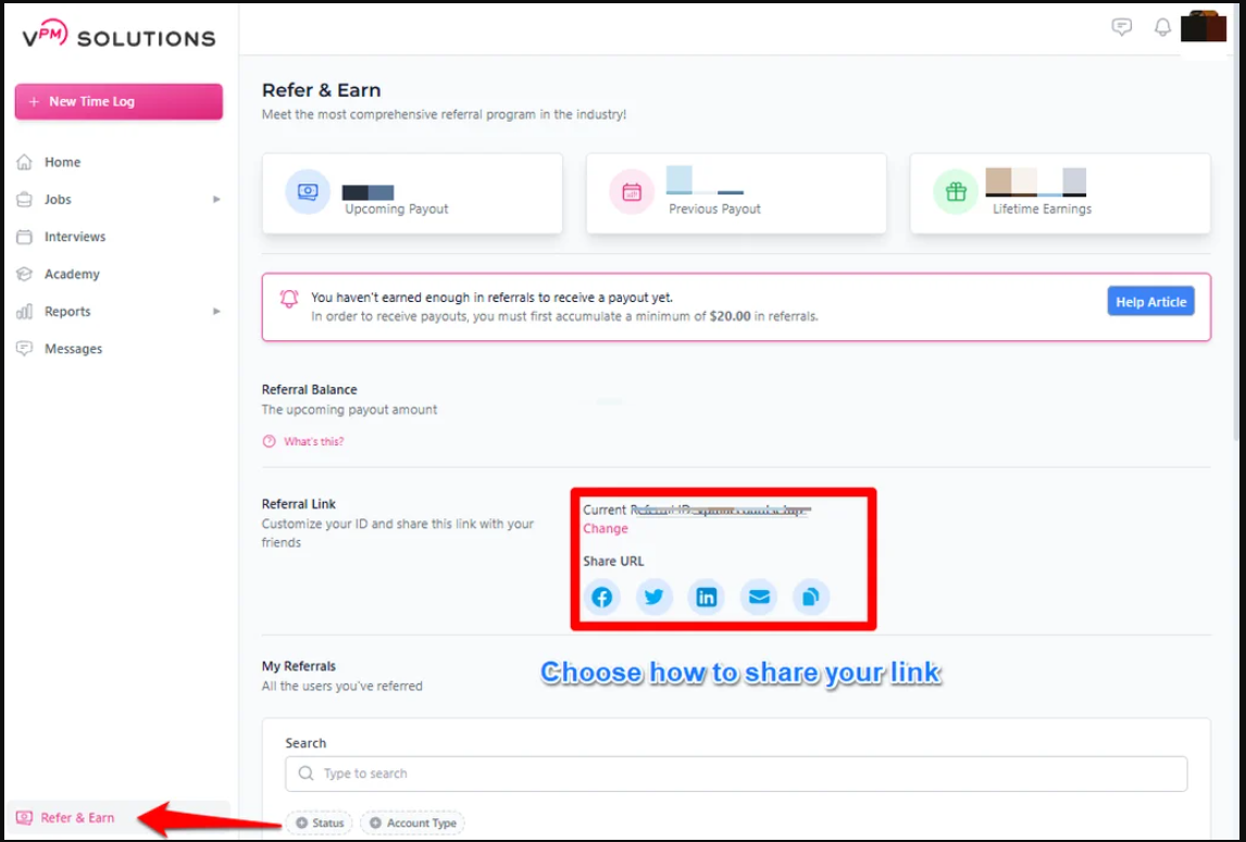 Refer & Earn Dashboard Navigation
