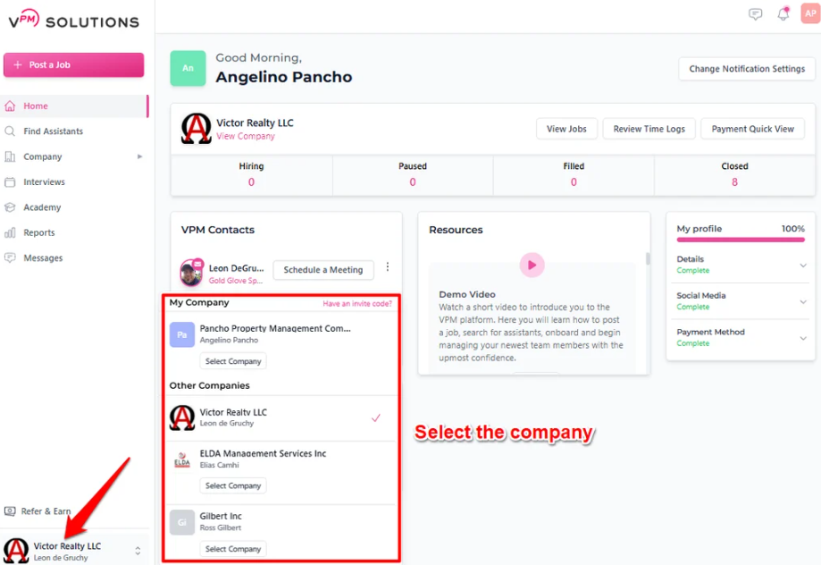 VPM dashboard showing 'Other Companies' workspace selection