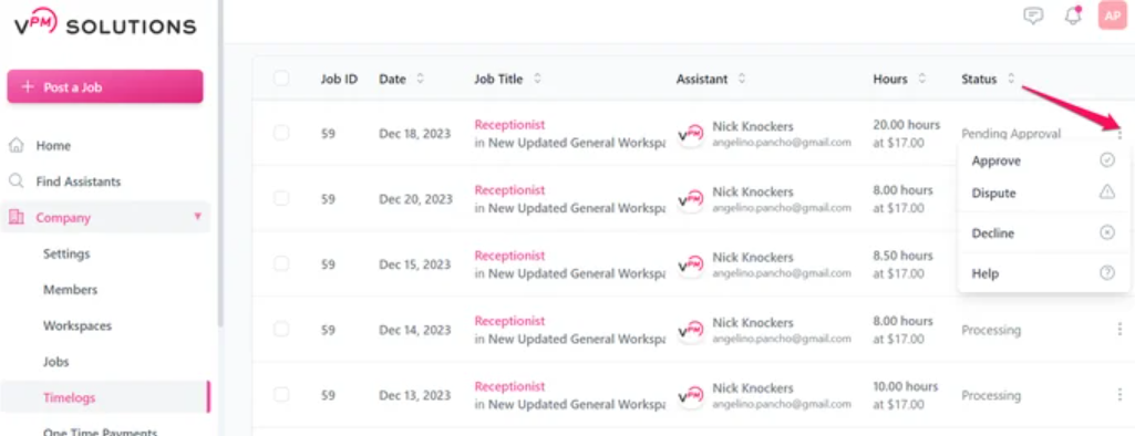 Options to approve, decline, or dispute a time card