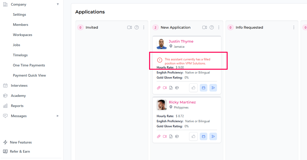 Existing job notification in profile view