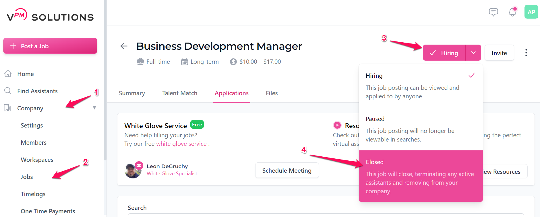 Closing a job in Hiring Status
